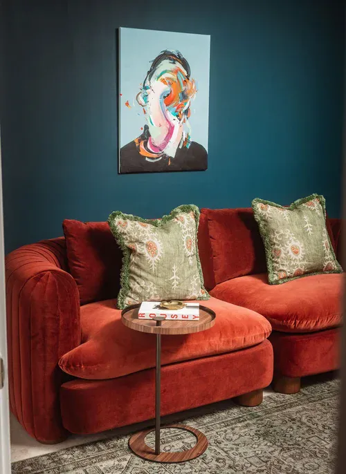 Saturated blue accent wall with custom millwork in Flamingo Point penthouse, Miami Beach