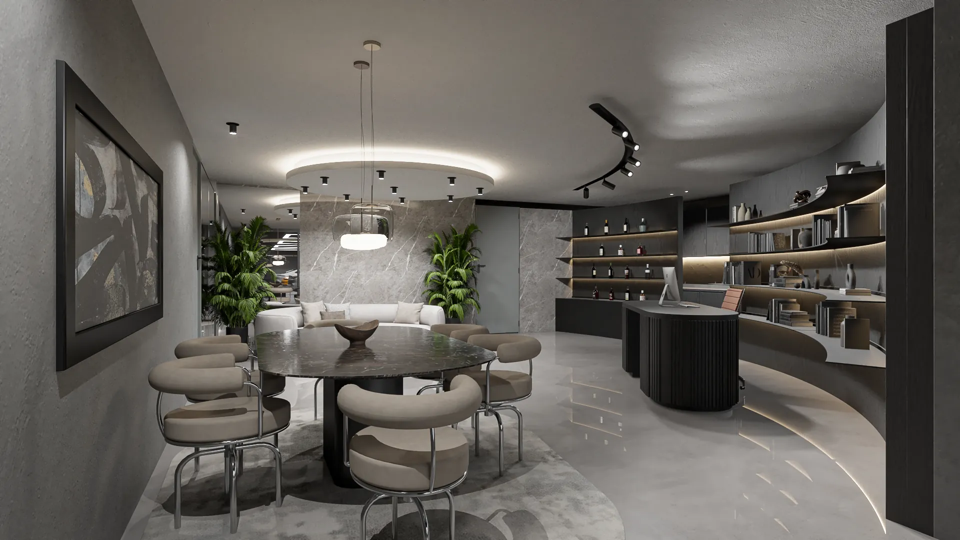 Cinematic dark wood office detail at Mikalyzed private showroom, Miami