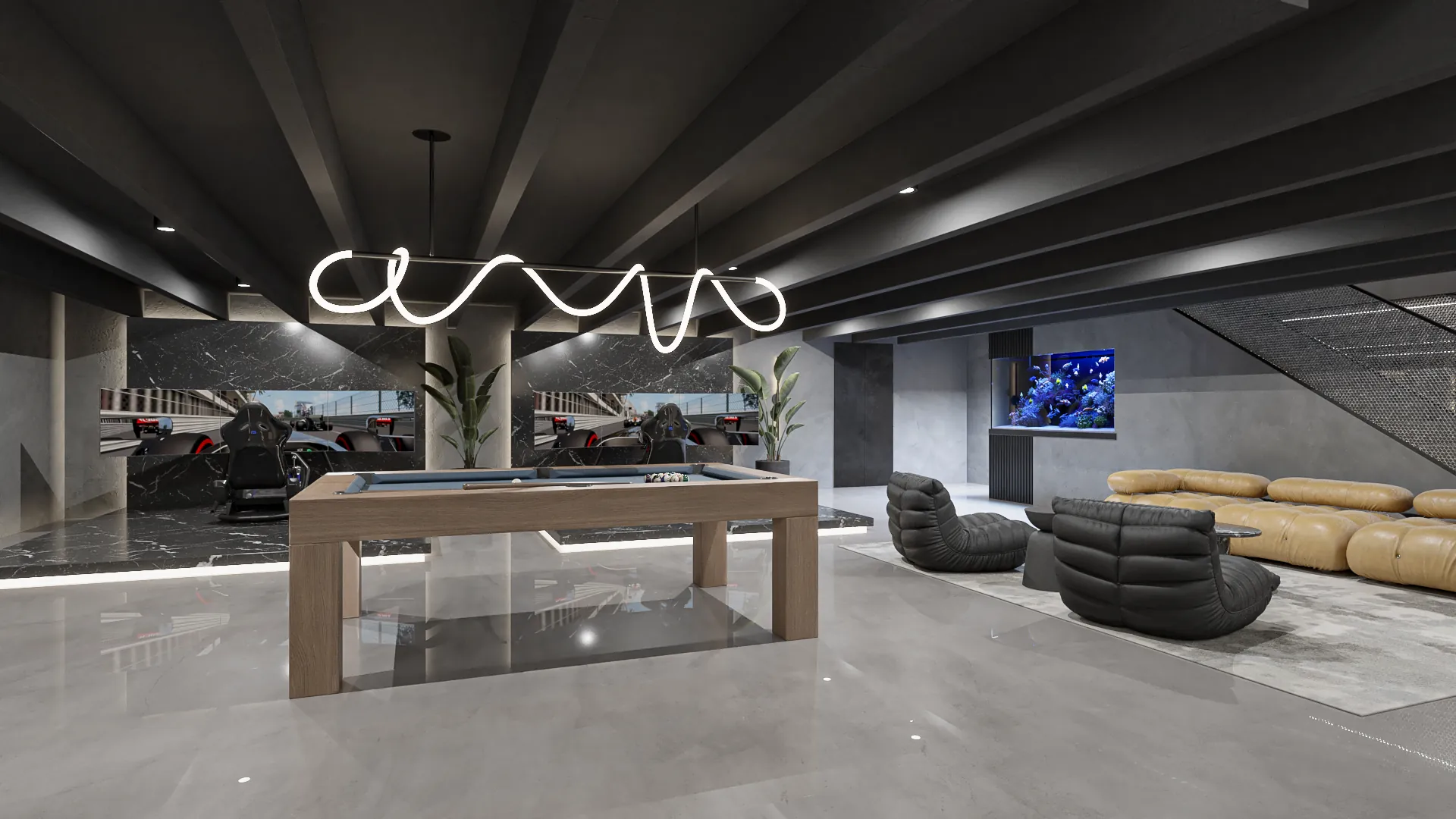 Collector's lounge with bespoke seating at Mikalyzed automotive showroom, Miami