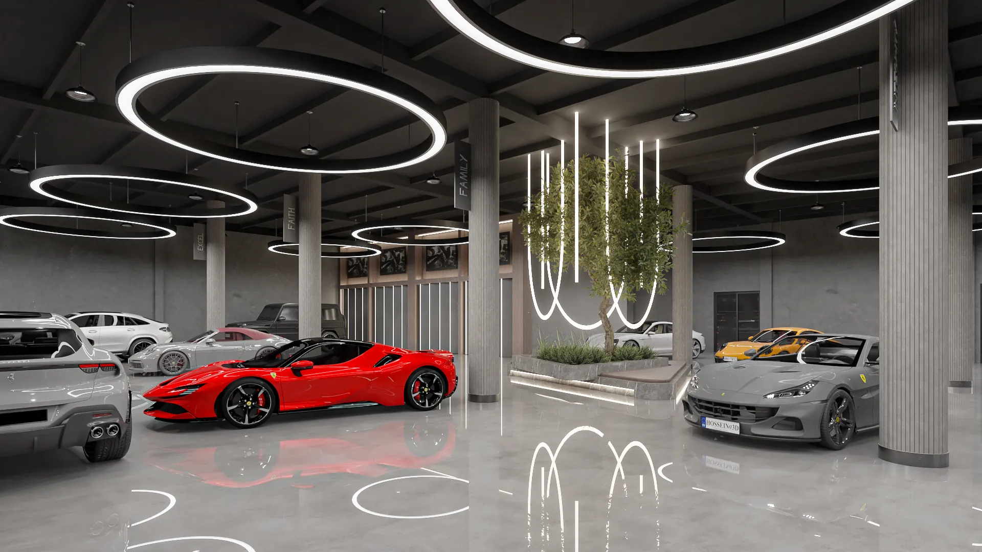 Polished concrete gallery floor with curated car display at Mikalyzed showroom, Miami