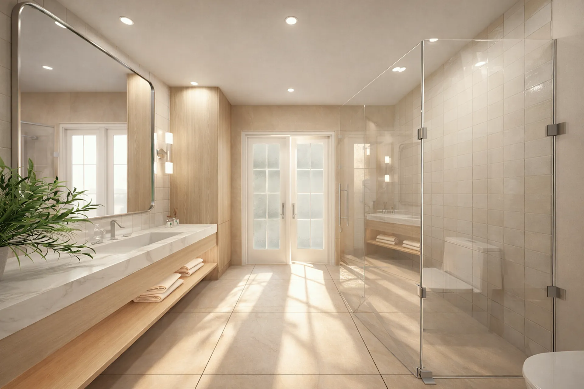 Calacatta marble primary bathroom with white oak vanity at Norona Residence, Miami