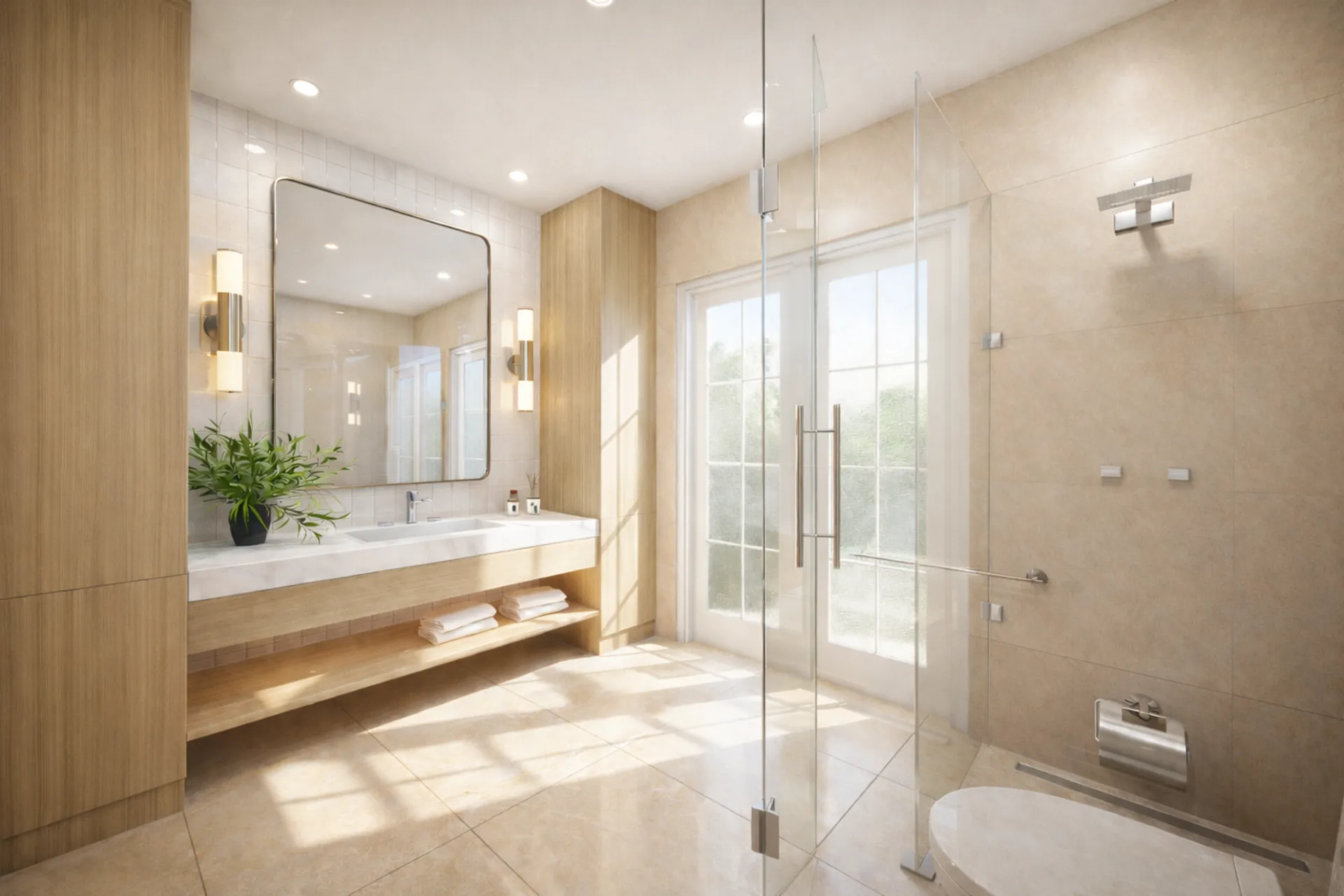 Brass fixtures and stone surround in primary bathroom at Norona Residence, Miami