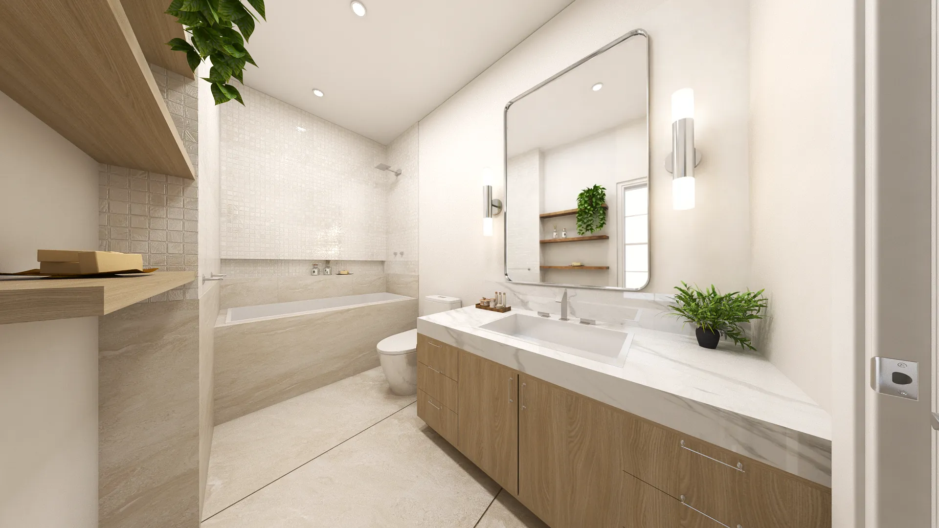 Powder room with sculptural mirror and stone basin at Norona Residence, Miami