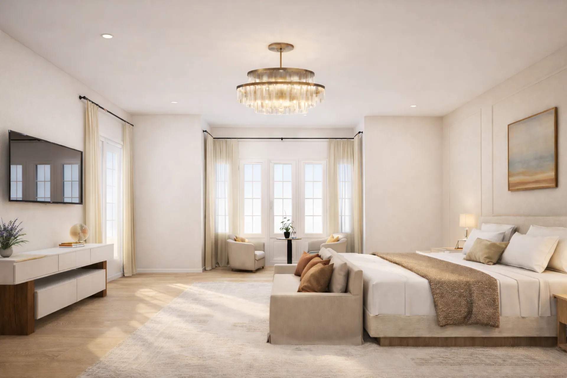 Primary bedroom with linen drapery and layered textiles at Norona Residence, Miami