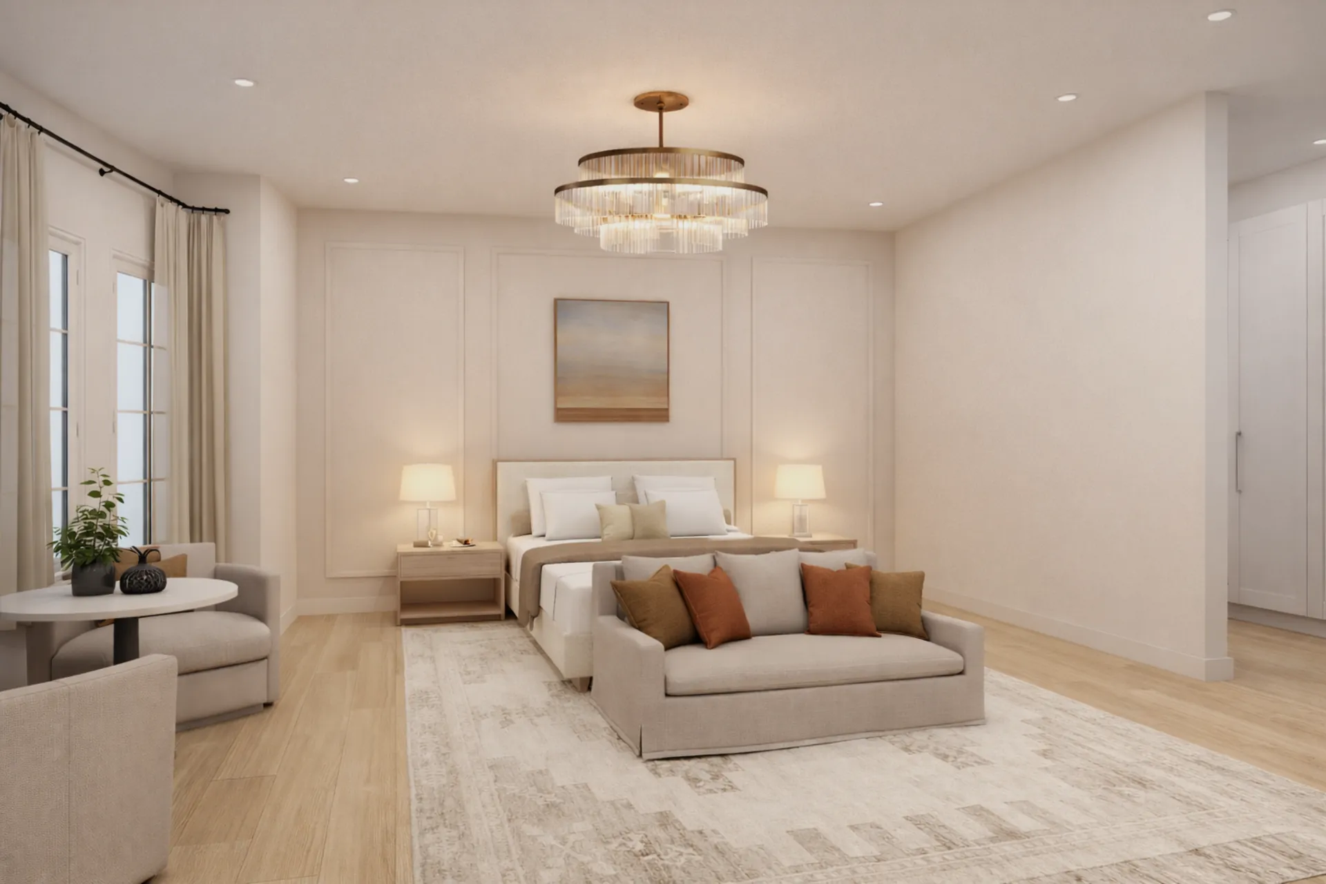 Guest bedroom with natural fiber rug and white oak detailing at Norona Residence, Miami