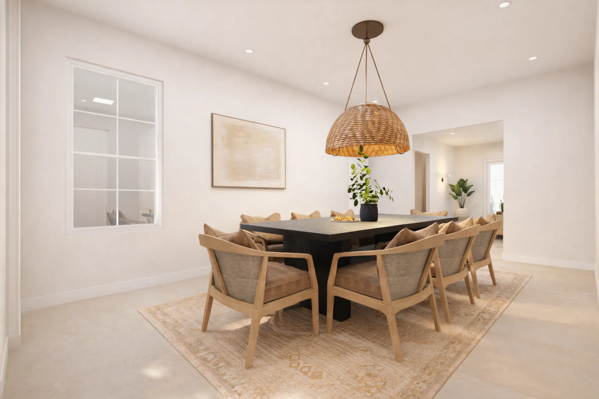 Dining room with calacatta marble and pleated pendant lighting at Norona Residence, Miami