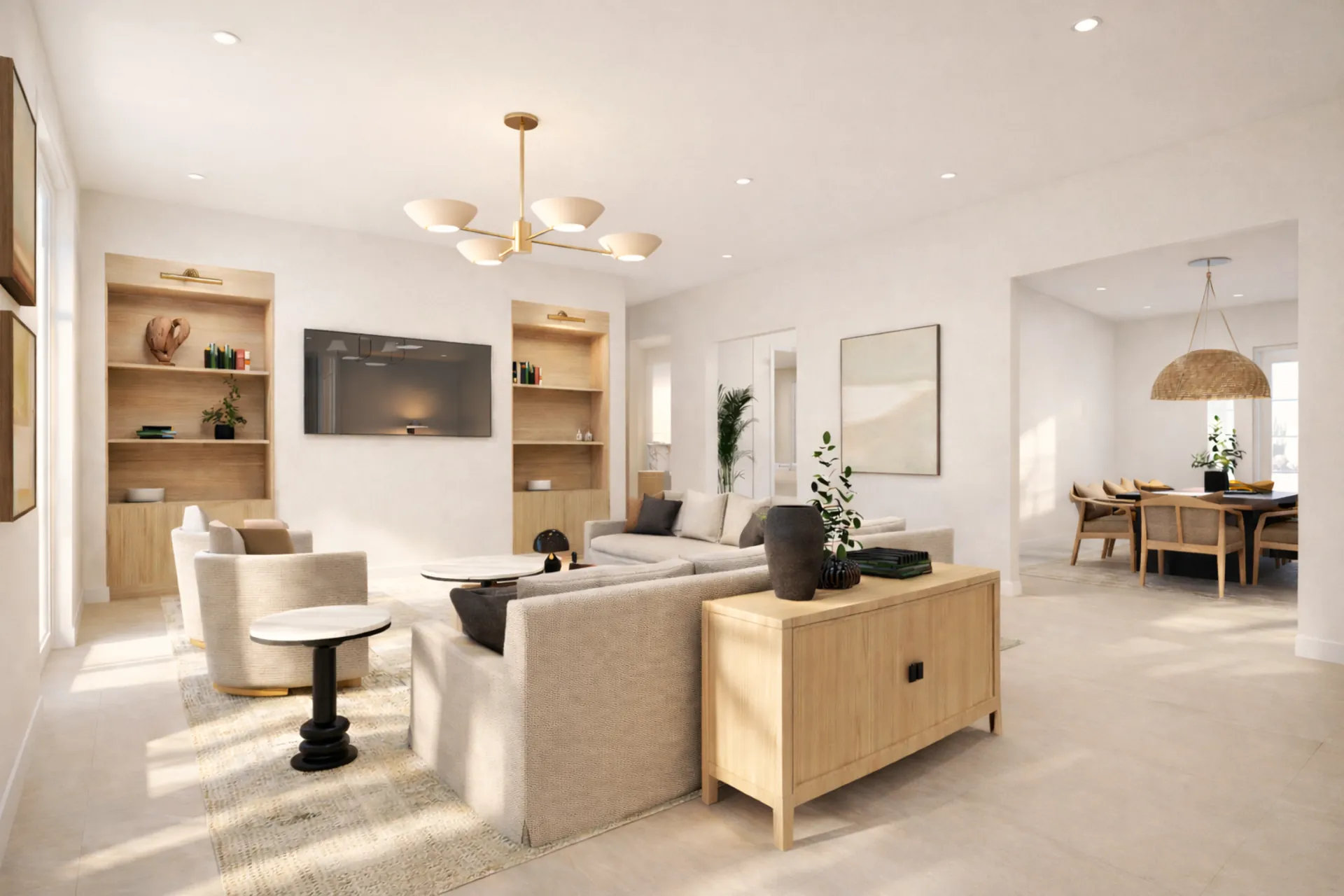 Sunlit living room with white oak built-ins and natural linen seating at Norona Residence, Miami