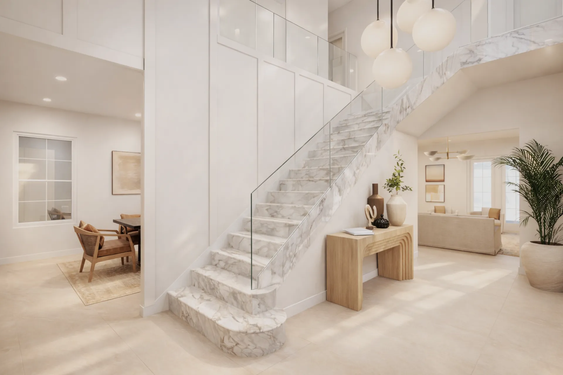 Layered neutral living area with sculptural lighting at Norona Residence, Miami