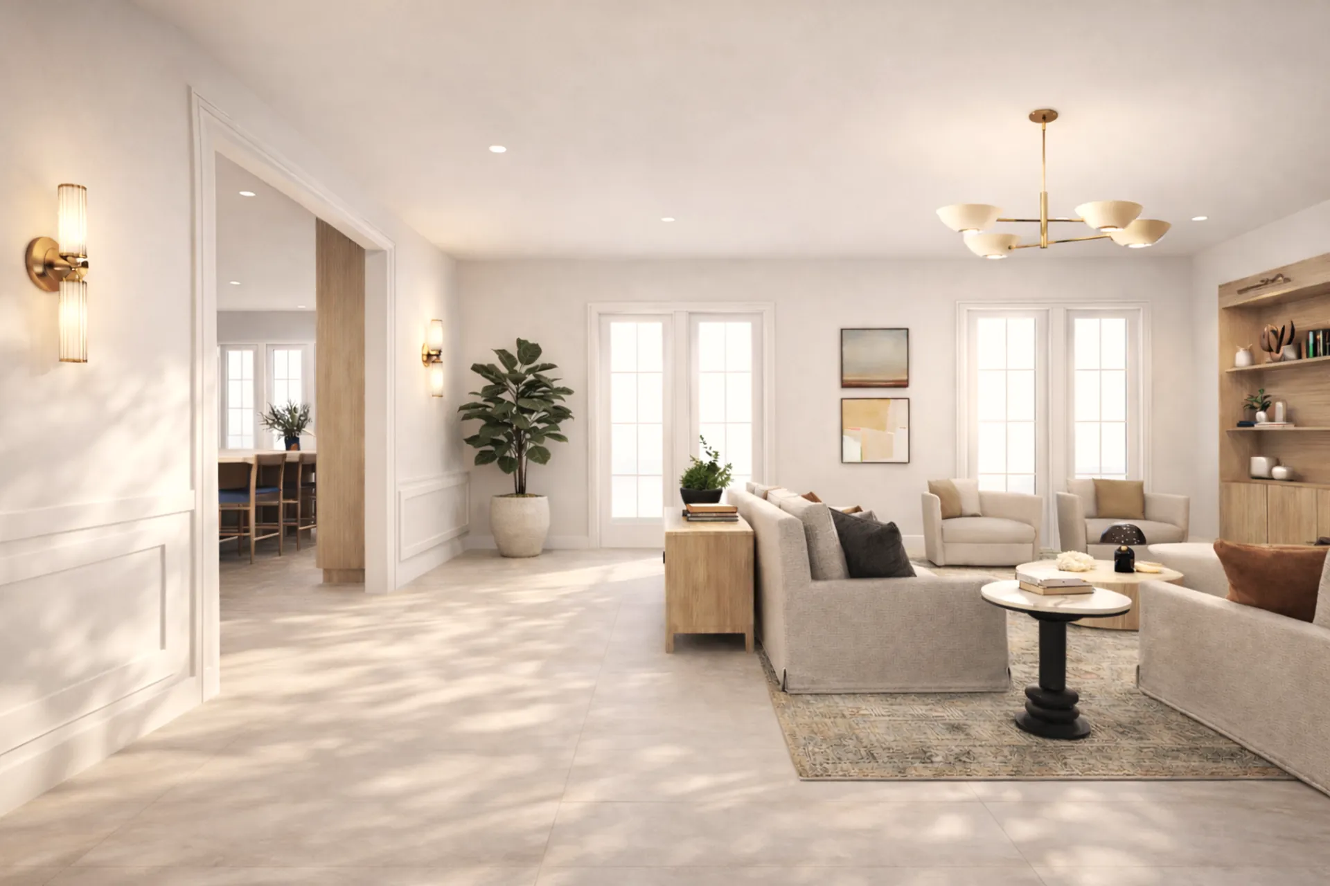 Family room with custom millwork and sage accents at Norona Residence, Miami