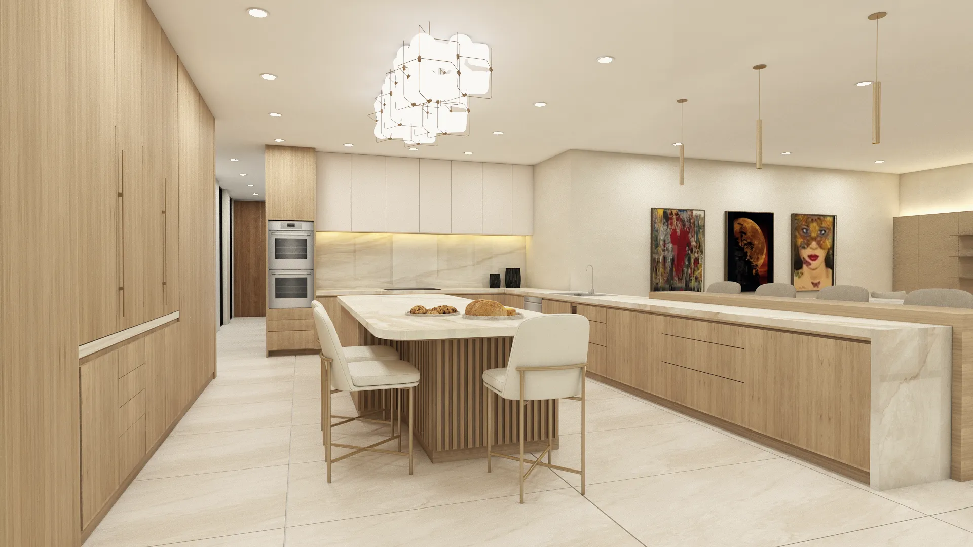 Dining room with statement pendant and upholstered chairs at Quevedo Residence, Miami