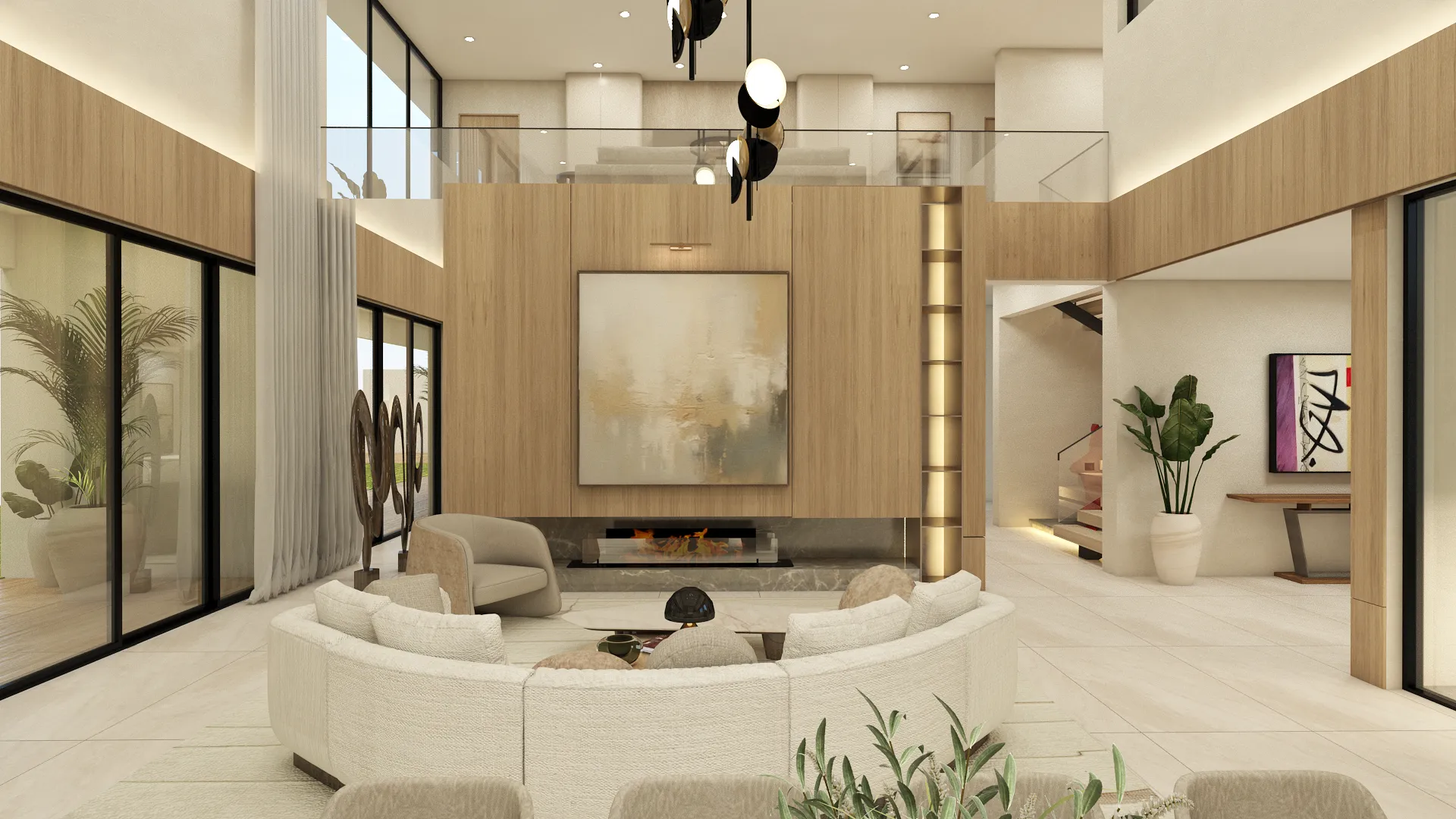 Living room with warm wood tones and layered textiles at Quevedo Residence, Miami