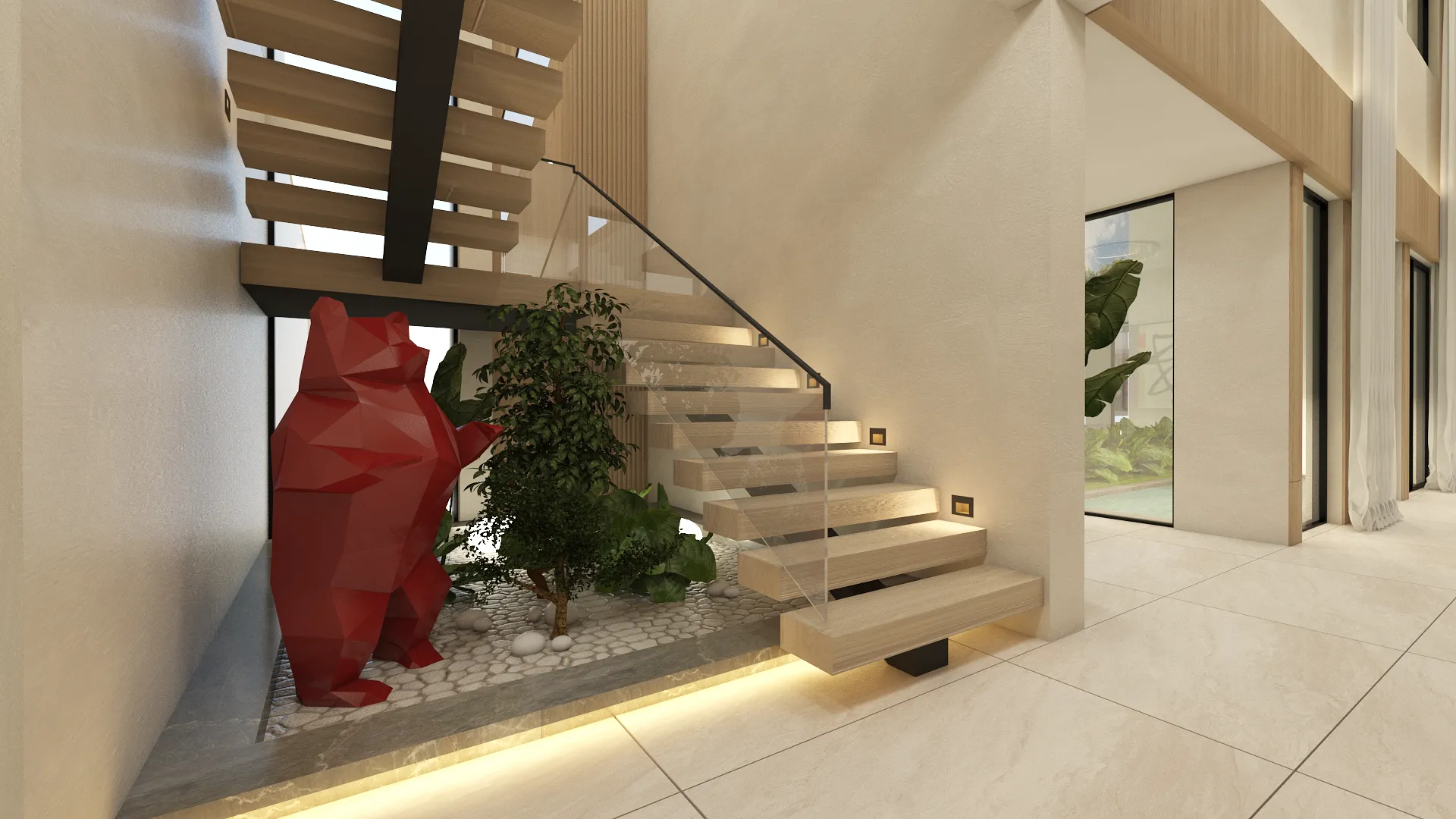 Seating area with natural fibers and sculptural lighting at Quevedo Residence, Miami