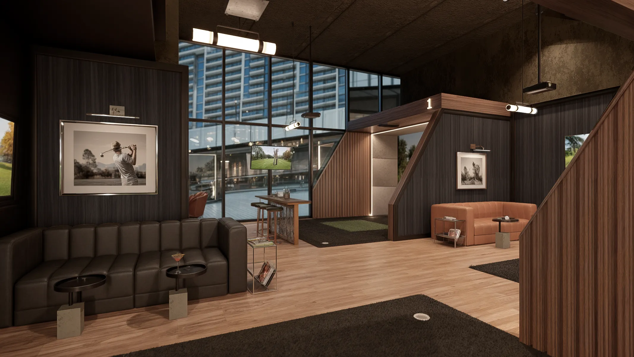 Lounge seating and bar area at The Tips Golf indoor golf lounge, Brickell Miami