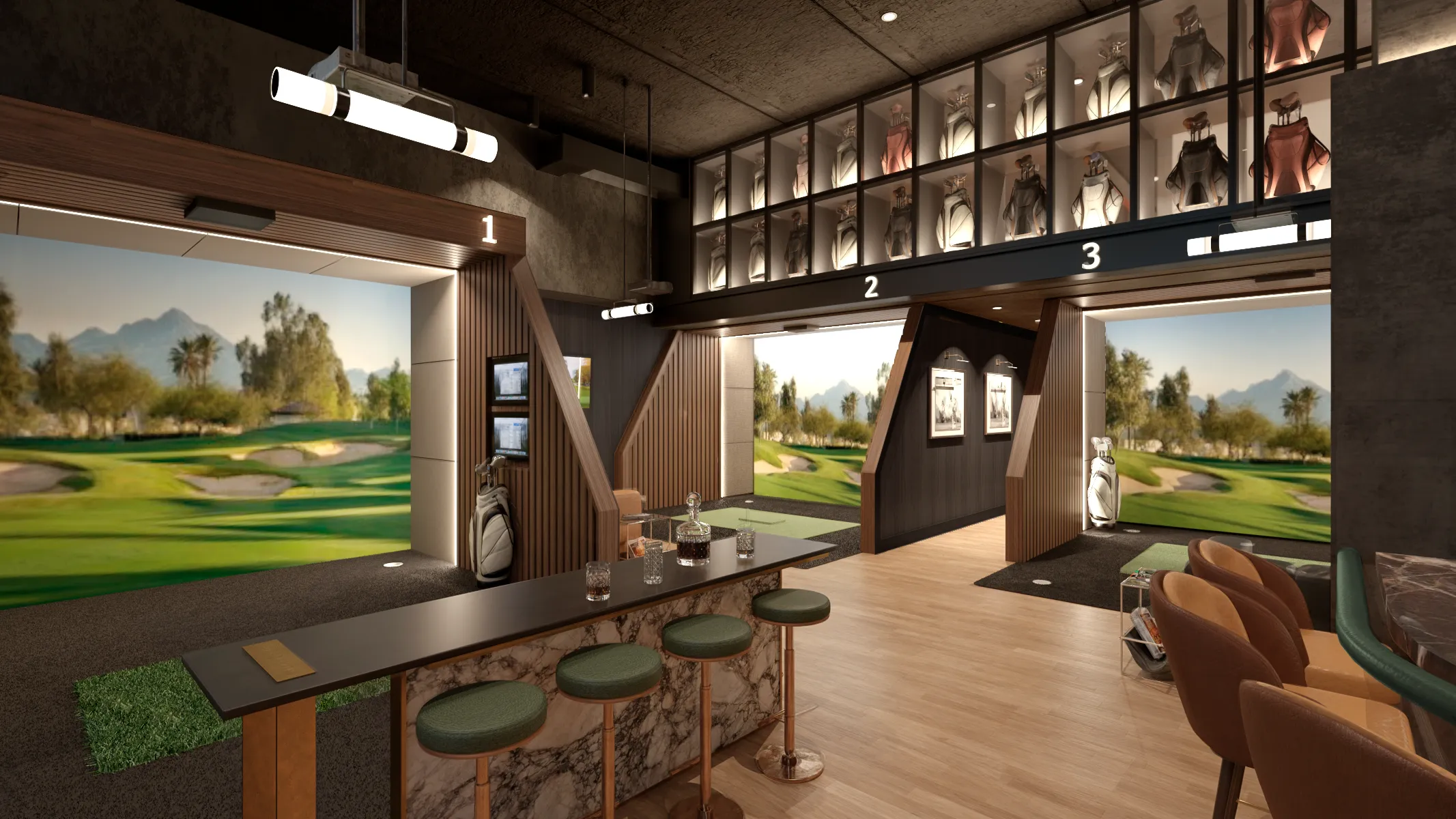 Private simulator bay with custom millwork at The Tips Golf, Brickell Miami