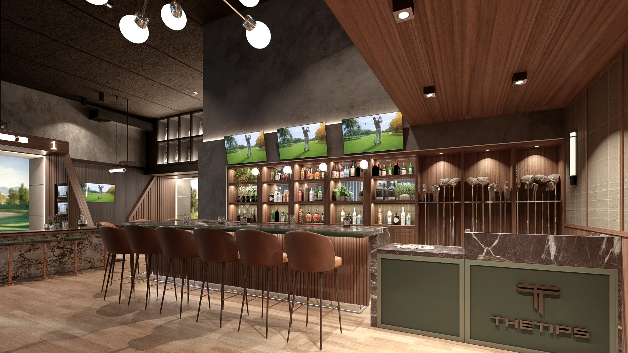 Elevated clubhouse interior design detail at The Tips Golf, Miami